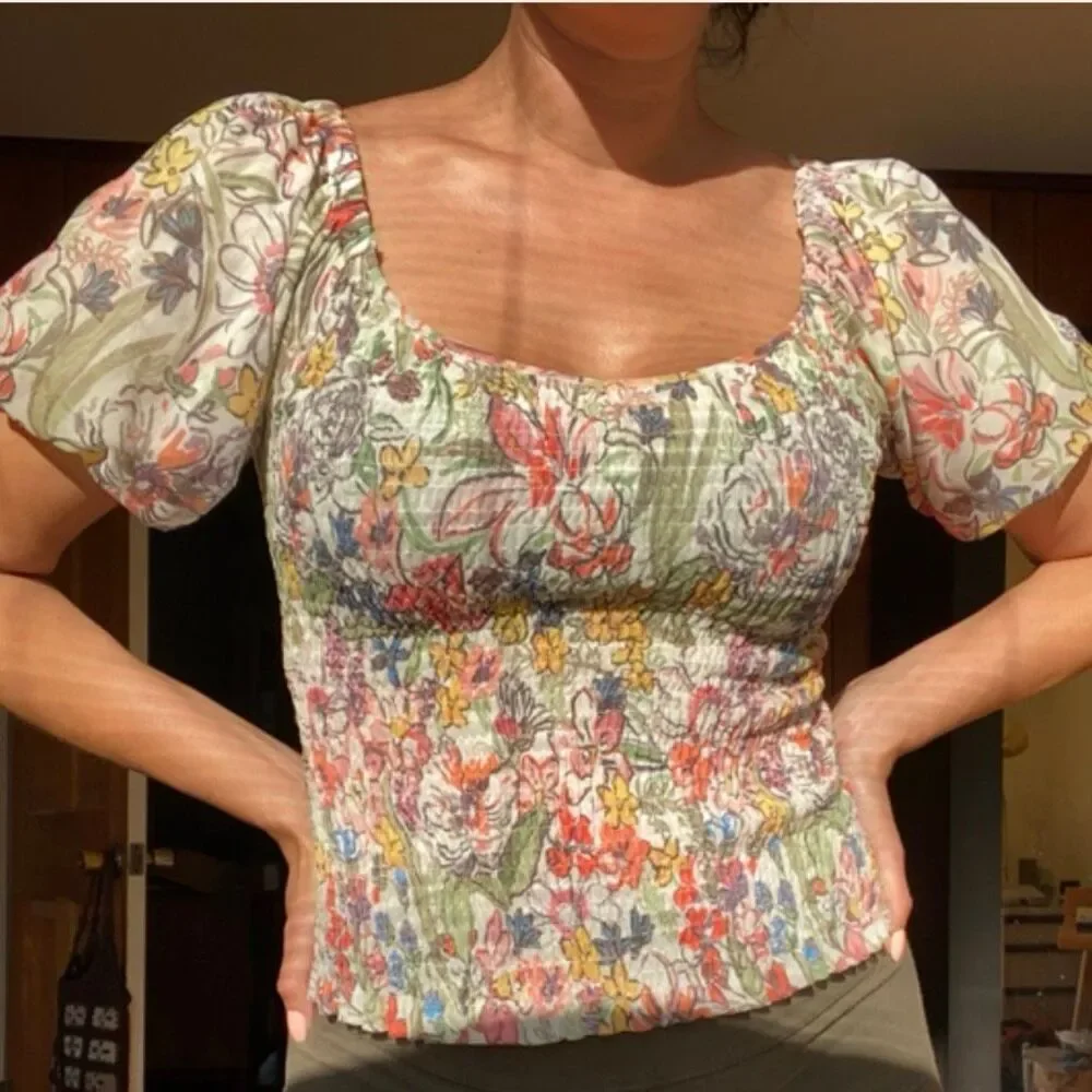 Anthropologie Smocked Floral Puff Sleeve Top Multicolor Size L Stretchy Summer B